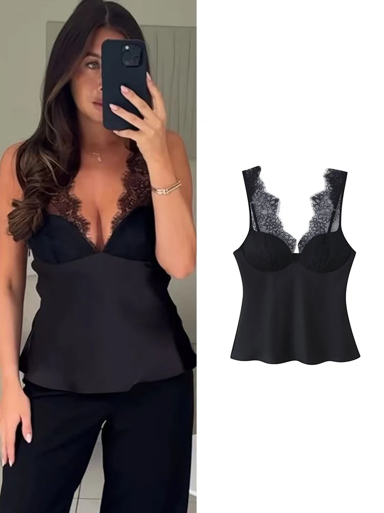 Women's Lace Neckline Polyester Camisole with Wide Straps and Shaped Bust