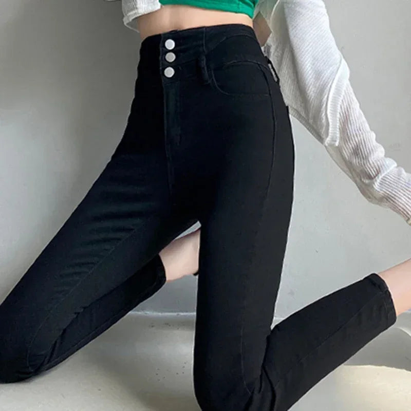 Women's Multiple Button Blue Flared Leg Denim Jeans