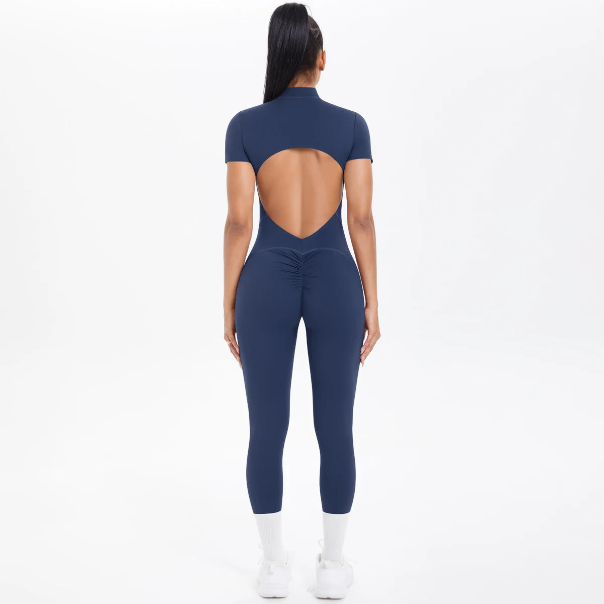 Women's Zip Front Nylon Blend Workout Jumpsuit with Open Back and Sleeve Options