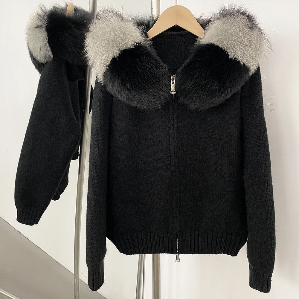 Women's Hooded Zip Front Fluffy Trim Jacket Casual Knit Layer