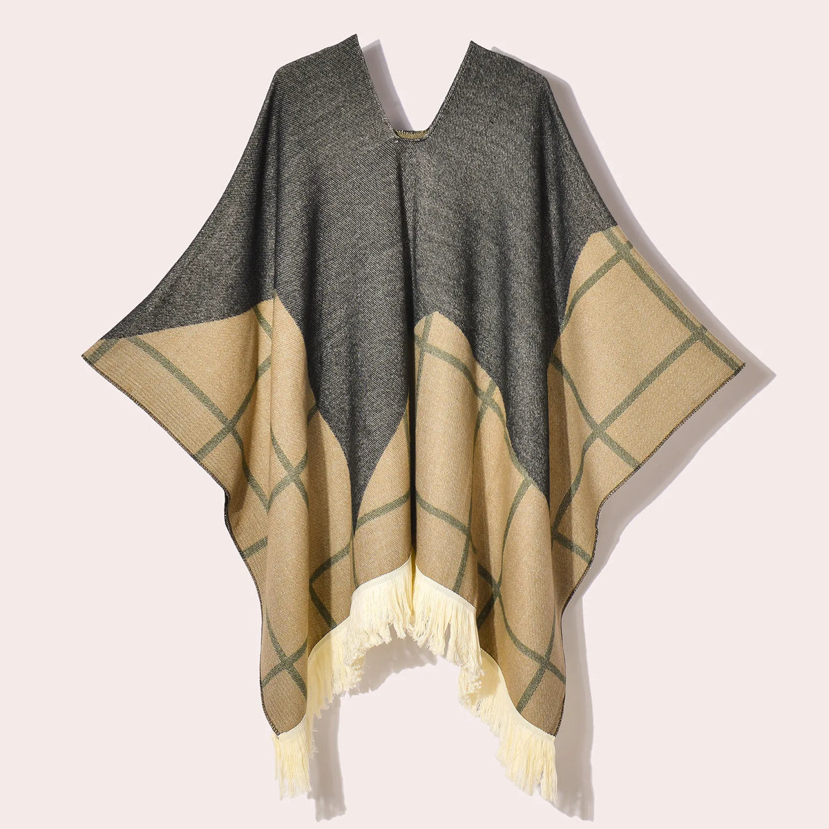 Geometric Pattern Fringe Poncho for Layering over Outfits
