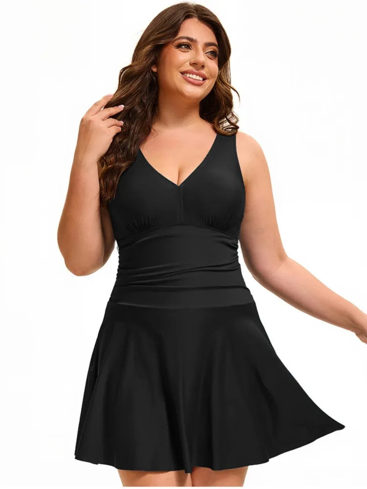 Women's V Neck Ruched Waist Skirted Swimdress Bathing Suit