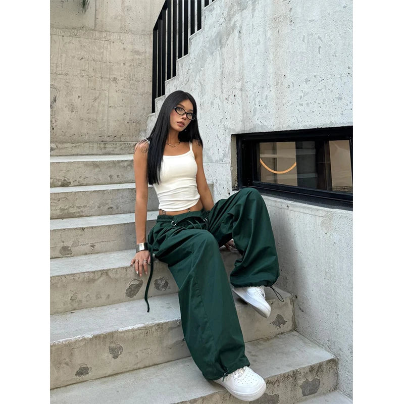 Women's Wide Leg Cargo Pants with Lace Up Waist Details