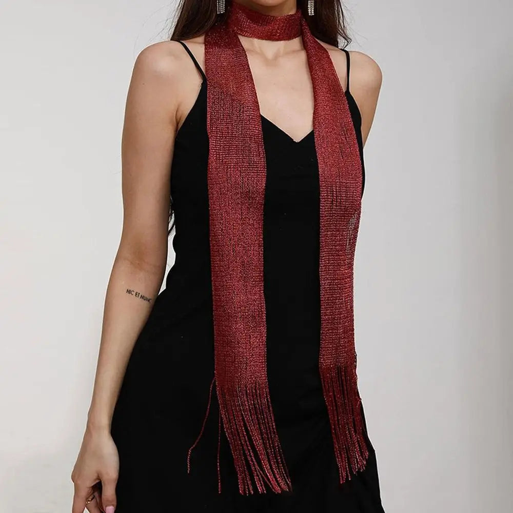 Sheer Long Narrow Scarf with Shimmer and Tassel Ends