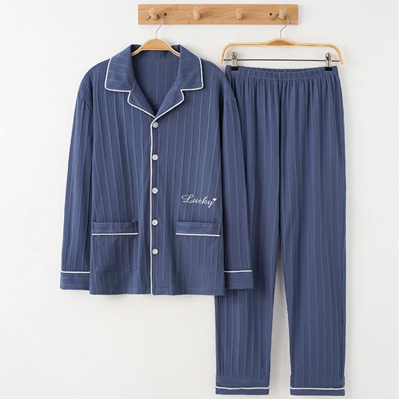 Men's Printed Button Front Long Sleeve Shirt and Pants Pajama Set