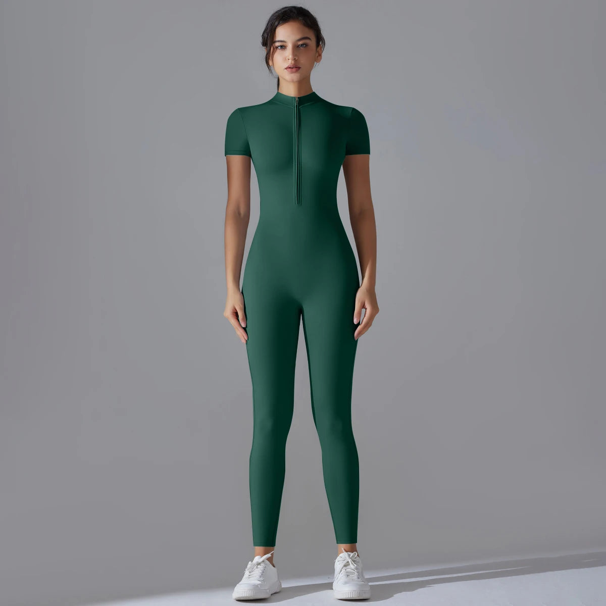 Women's Zip-Front Short-Sleeve Workout Jumpsuit