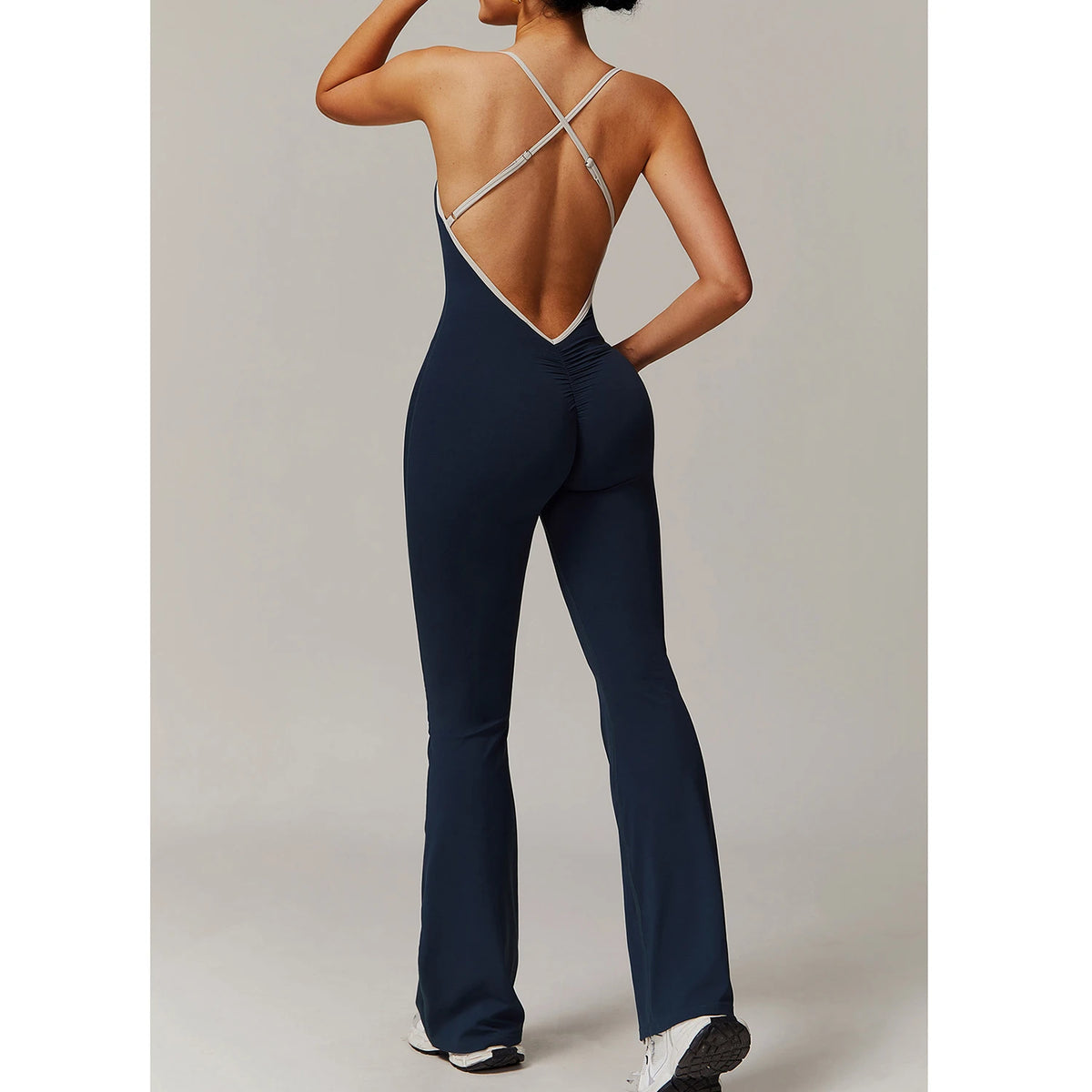 Women's Thin Strap Nylon Blend Flared Workout Jumpsuit with Low Cross Back
