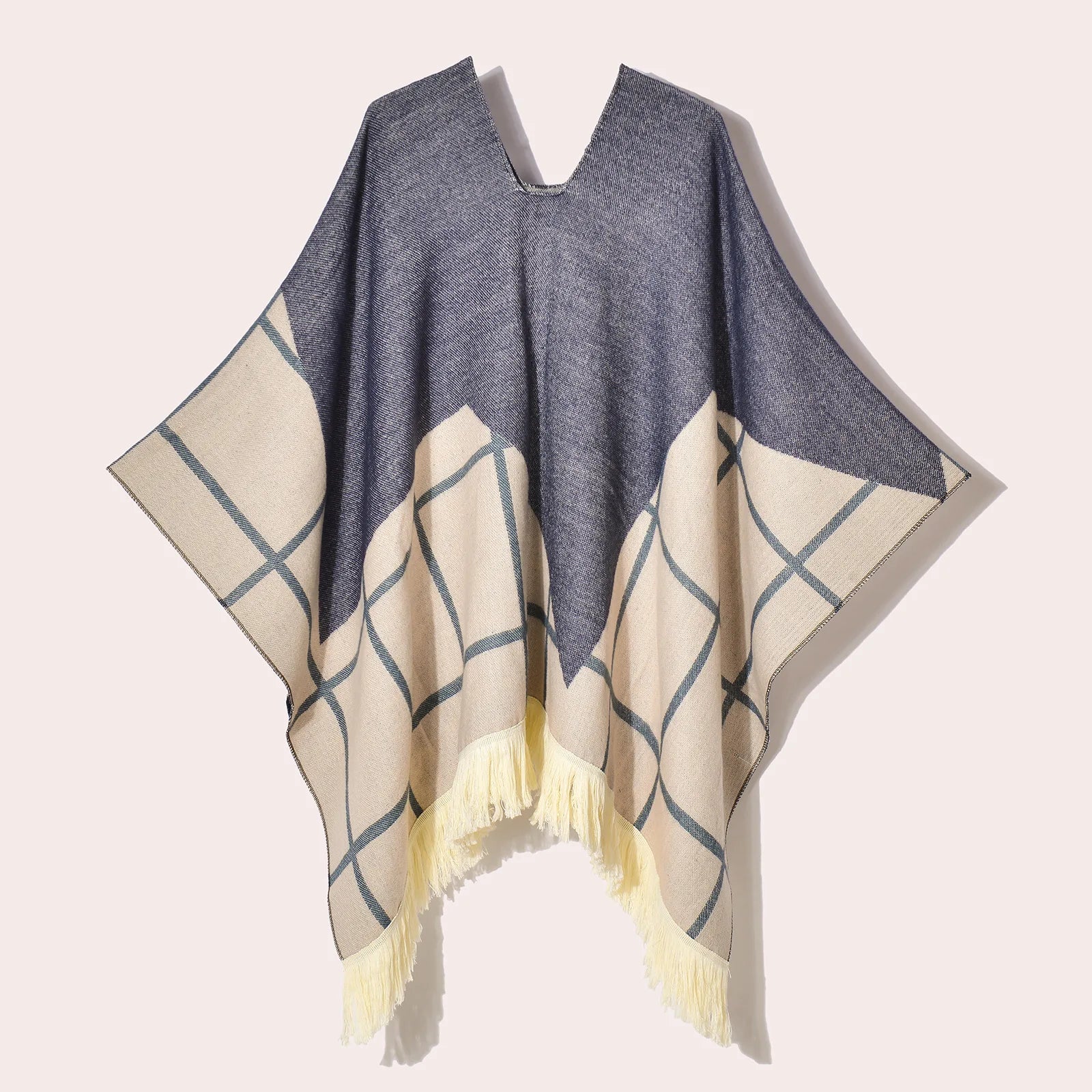 Geometric Pattern Fringe Poncho for Layering over Outfits