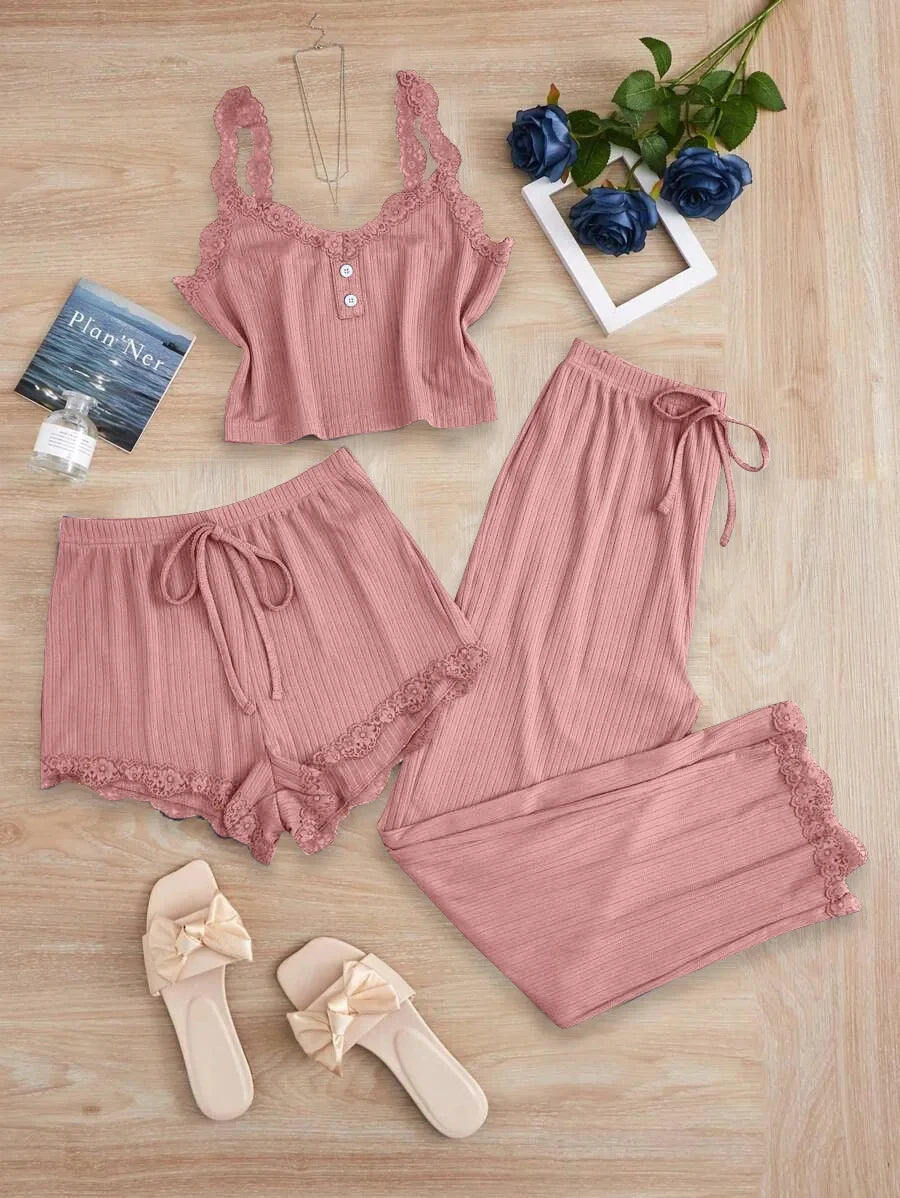 Women's Lace Trim Cami Three Piece Pajama Set with Shorts and Pants