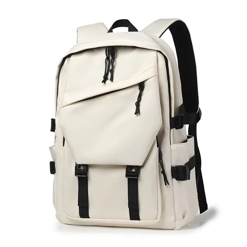 Plain Laptop Backpack with Multiple Pockets and Side Buckle Strap Details