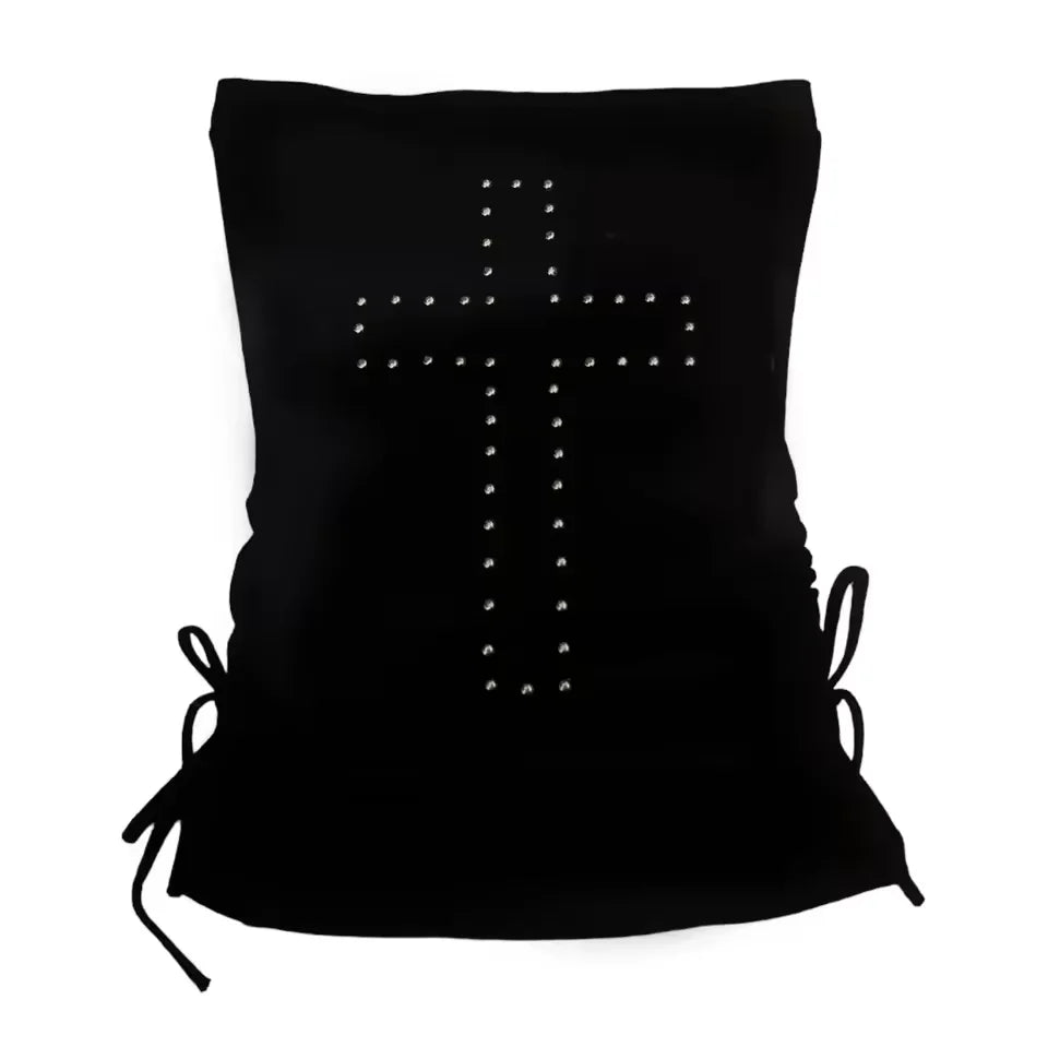 Women's Strapless Studded Crop Top with Decorative Side Lace-Up Detailing