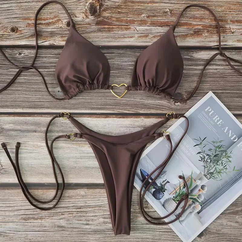 Heart Print Halter Triangle Bikini