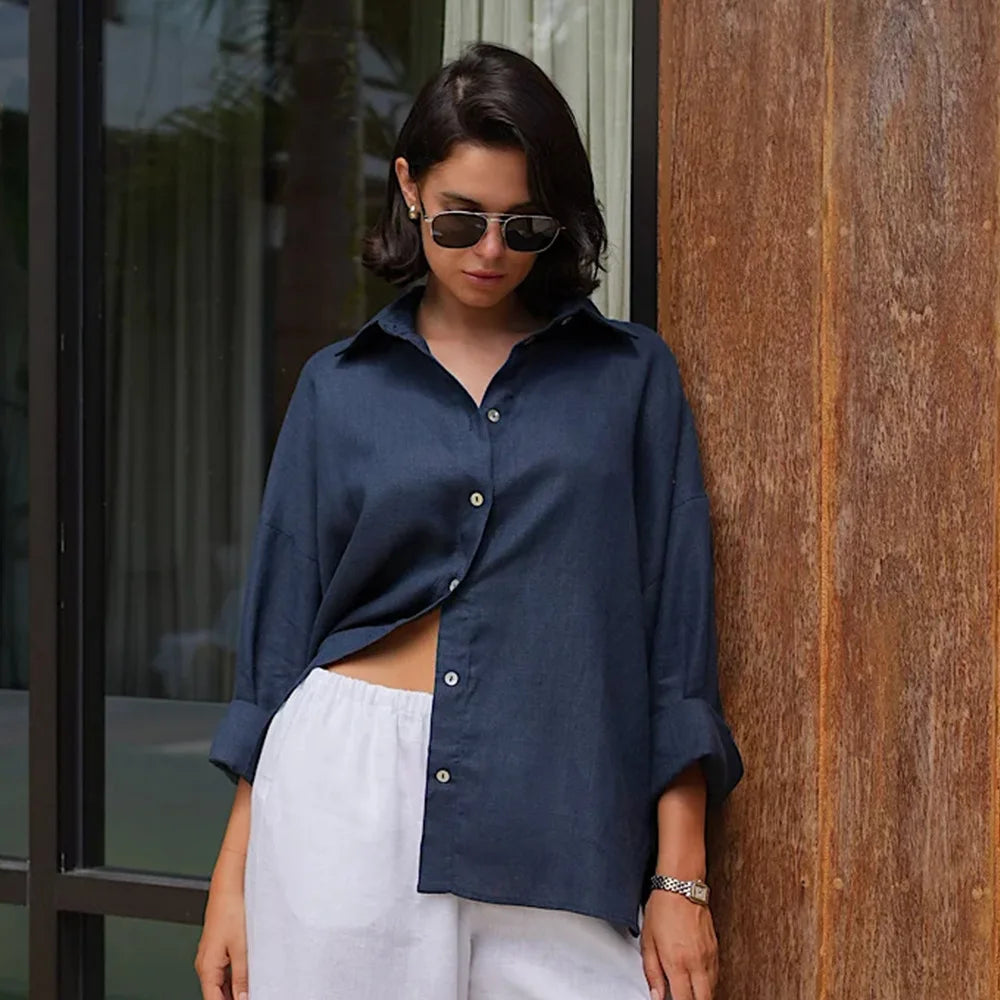 Women's Oversized Long Sleeve Button Front Shirt