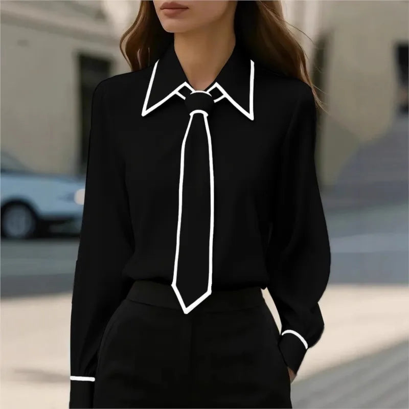 Women's Contrast Trim Tie Neck Long Sleeve Blouse