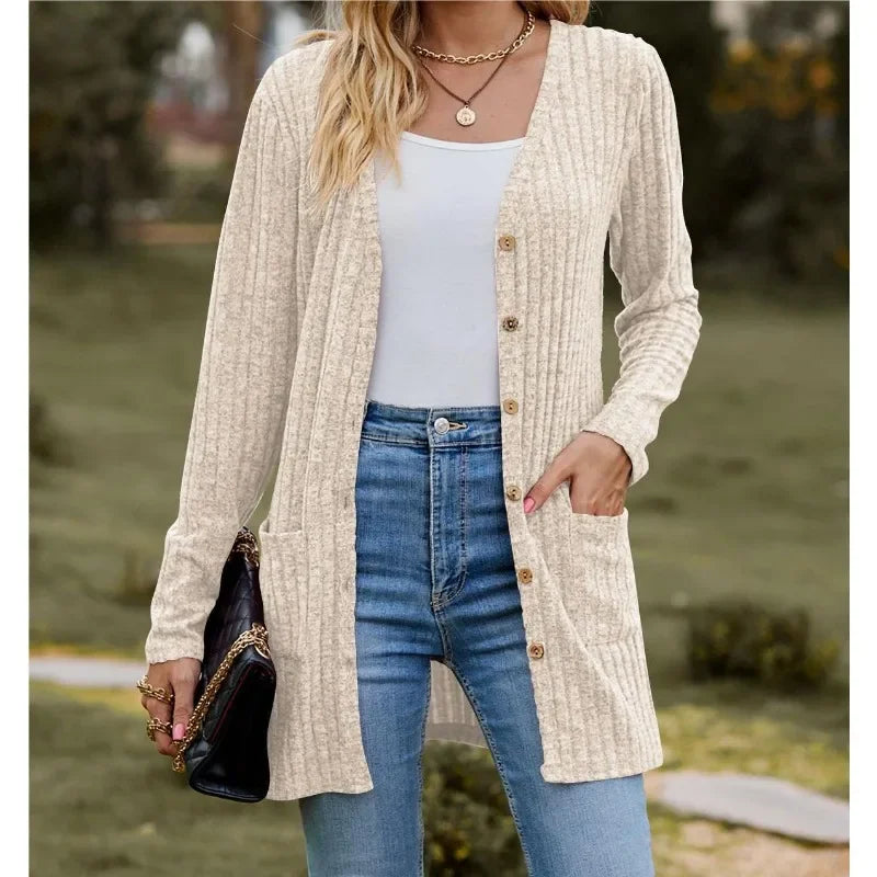Women's Long Ribbed Button Front Cardigan Casual Knit Layer