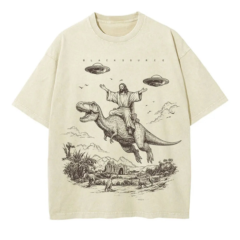 Vintage Cartoon Dinosaur Graphic T-Shirt Washed Oversized Streetwear Tee