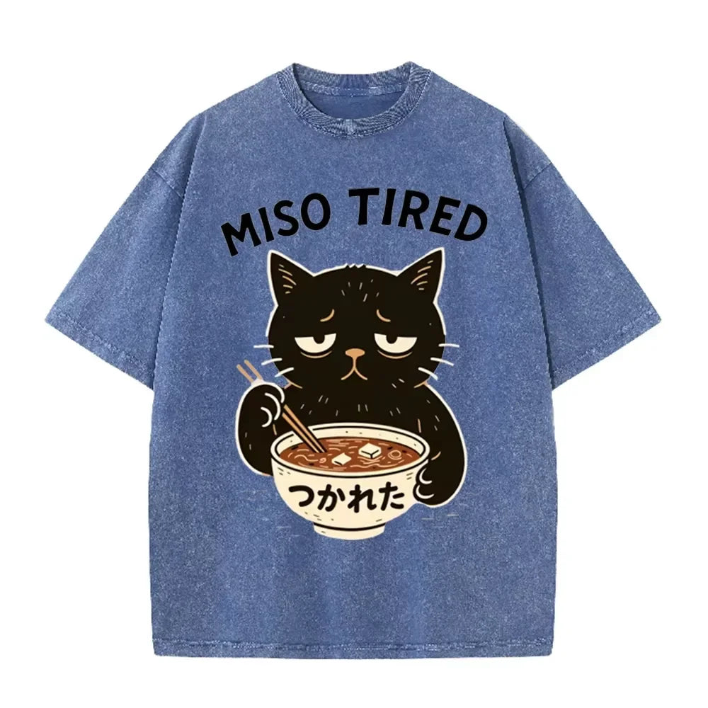 Vintage Washed Purple Miso Tired Black Cat Miso Soup Casual T Shirt