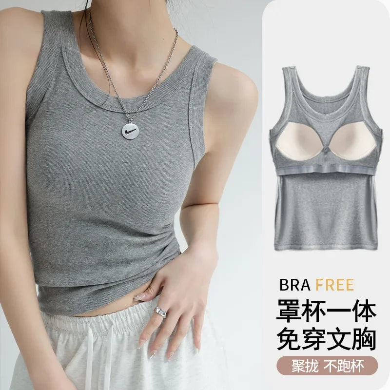 Women's Round Neck Ribbed Tank Top with Wide Straps and Padded Bust