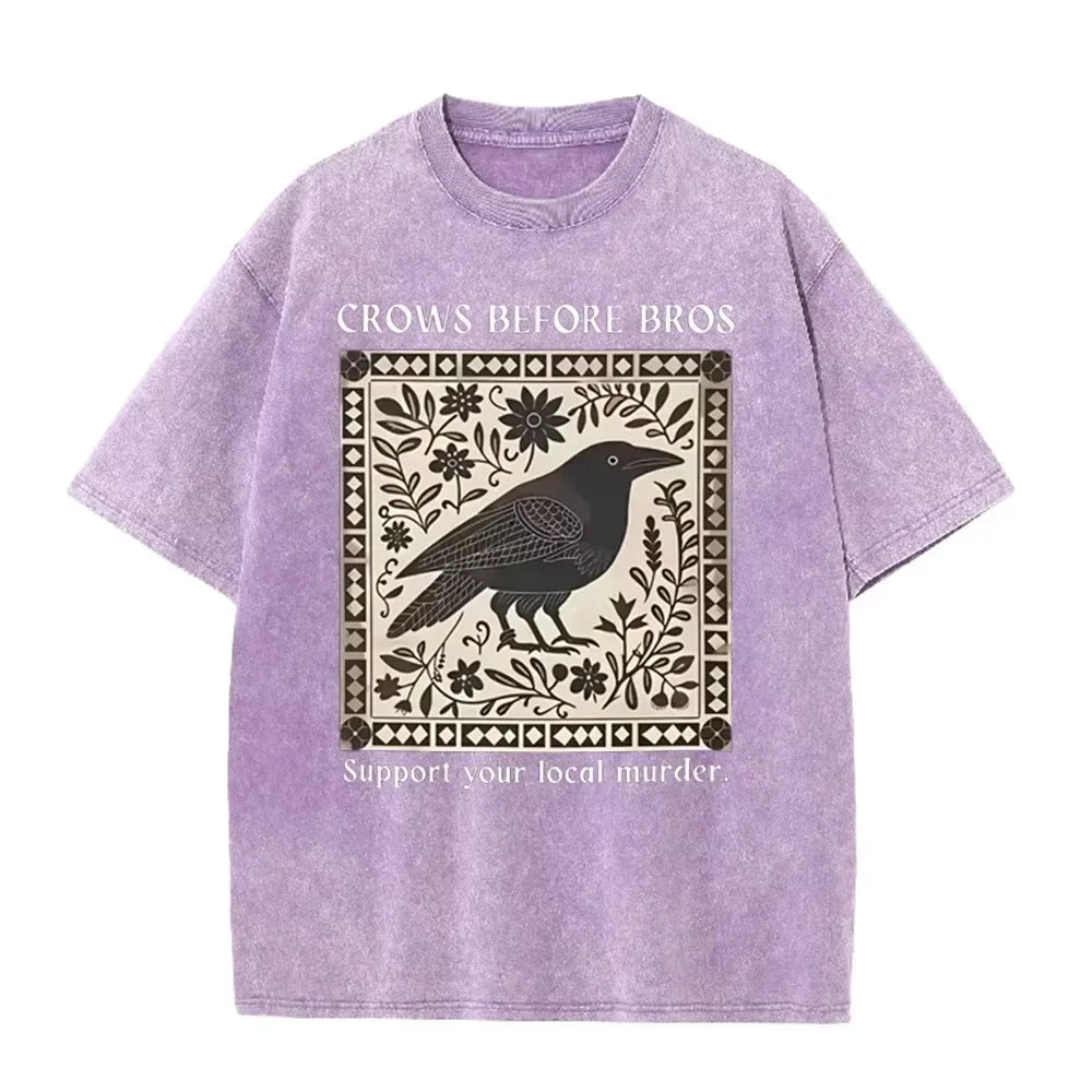 Distressed Vintage Washed Tee Vintage Square Crow Floral Print Support Local Murder Funny Slogan Loose T Shirts