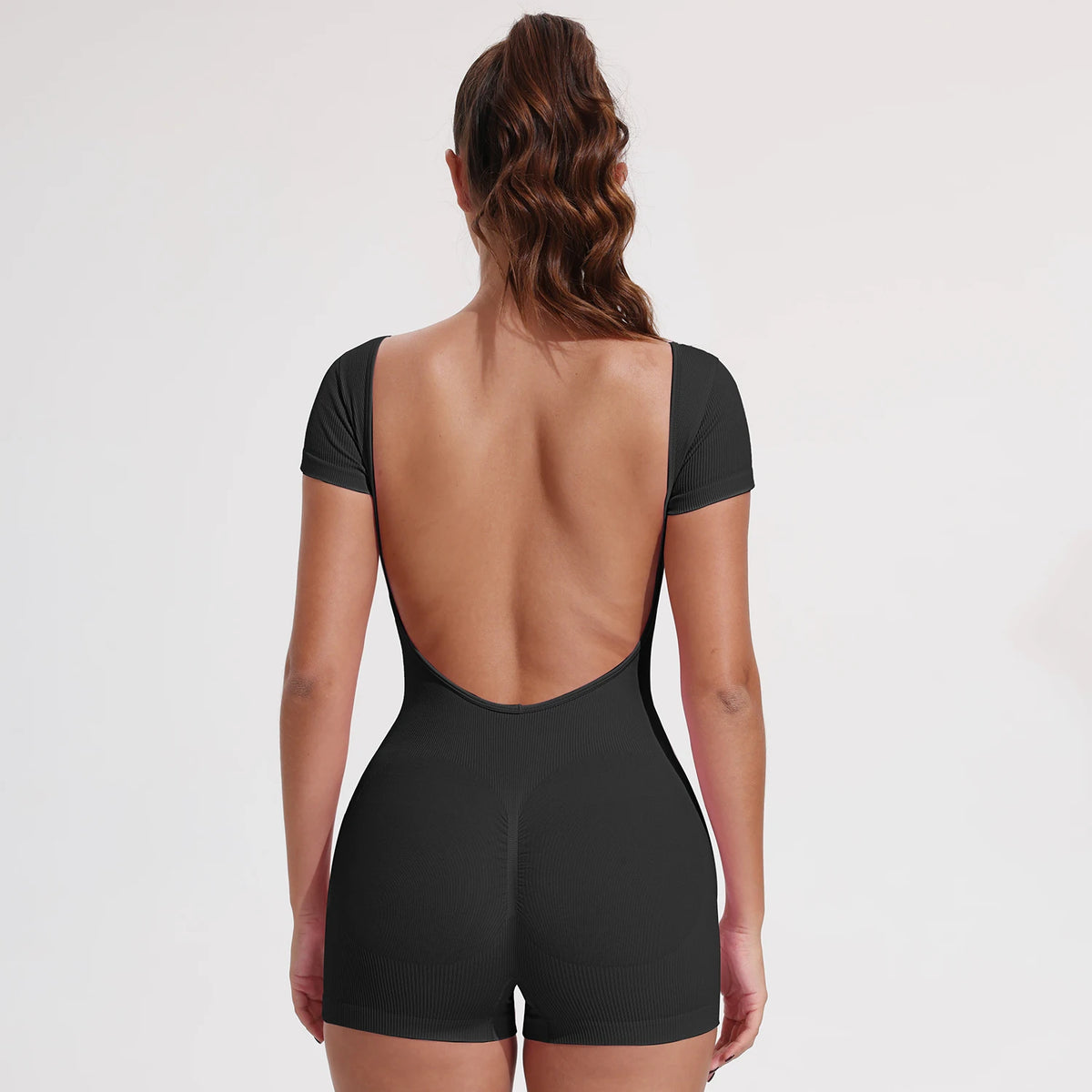 Women's Scoop Neck Nylon Blend Romper with Cap Sleeves and Open Back