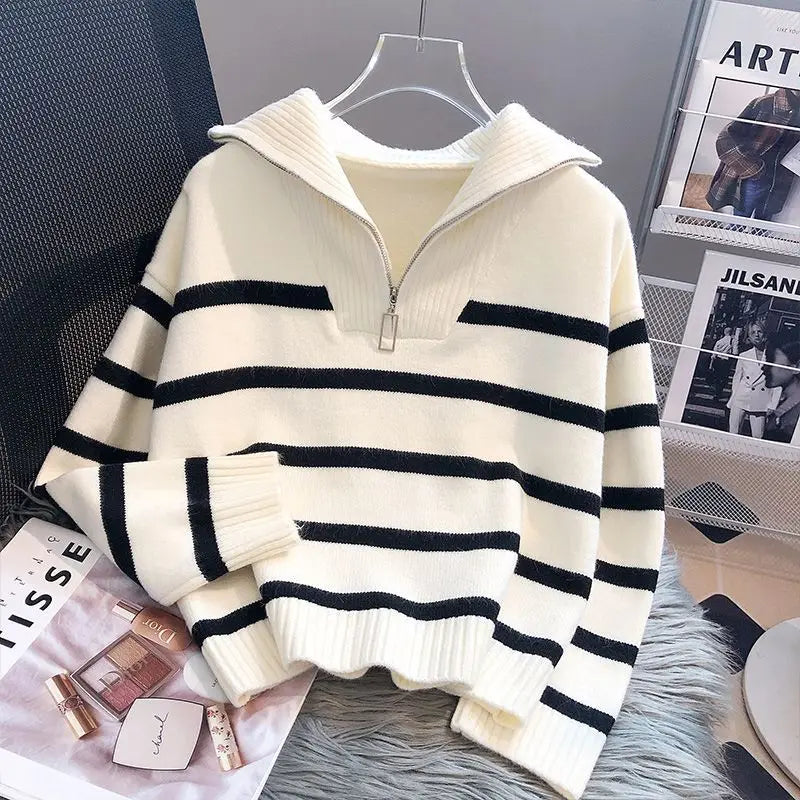 Women's Striped Half Zip Pullover Sweater Casual Knit Layer