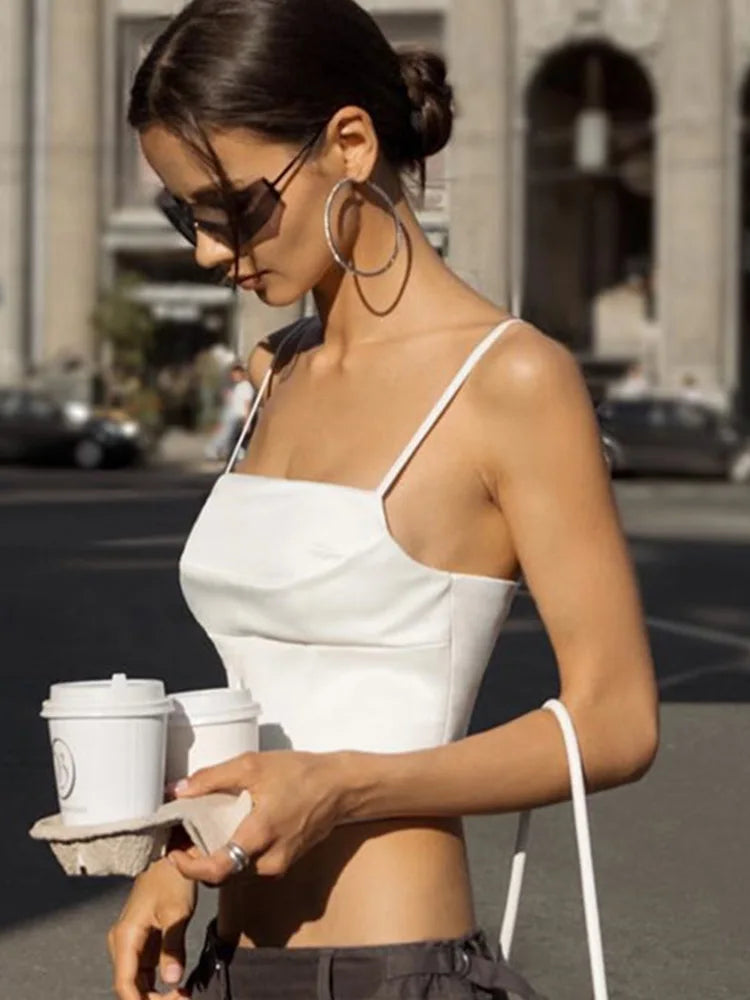 Women's Spaghetti Strap Crop Top with Lace-Up Back and Cropped Length