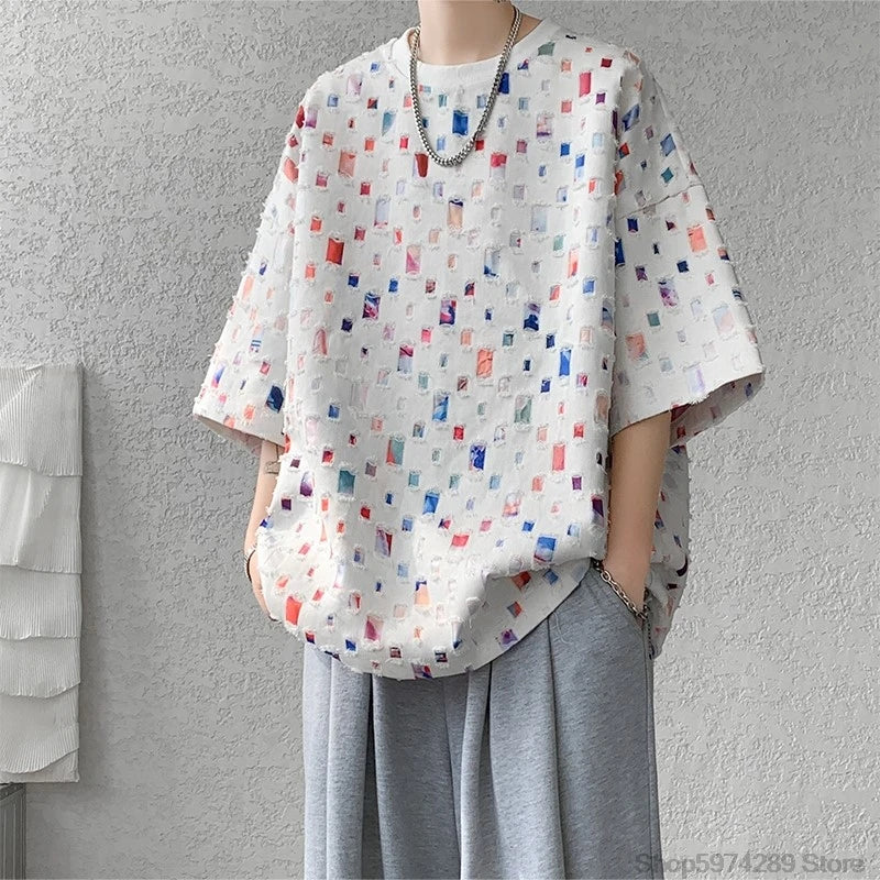 Summer Short Sleeved T-shirt Men Hollow Out Oversized Plaid T Shirt Men Streetwear Hip Hop Loose Casual Tshirt Male 5XL