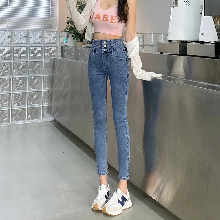 Women's Multiple Button Blue Flared Leg Denim Jeans