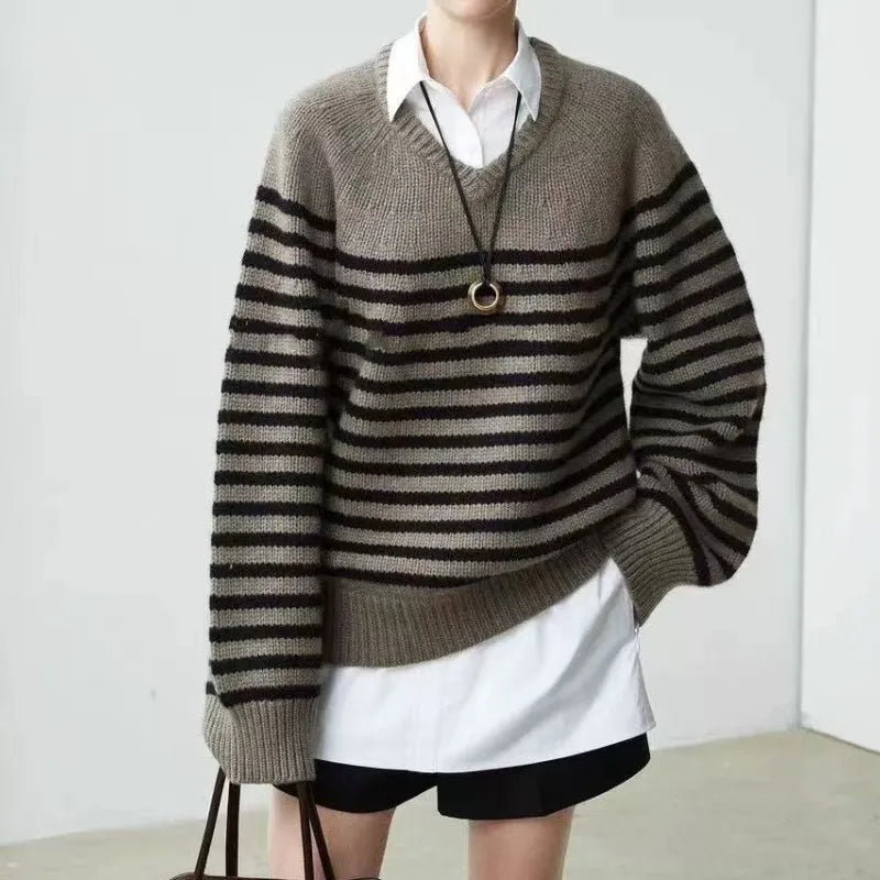 High-end V-neck striped 100% wool knitted sweater loose pullover sweater women wool base layer