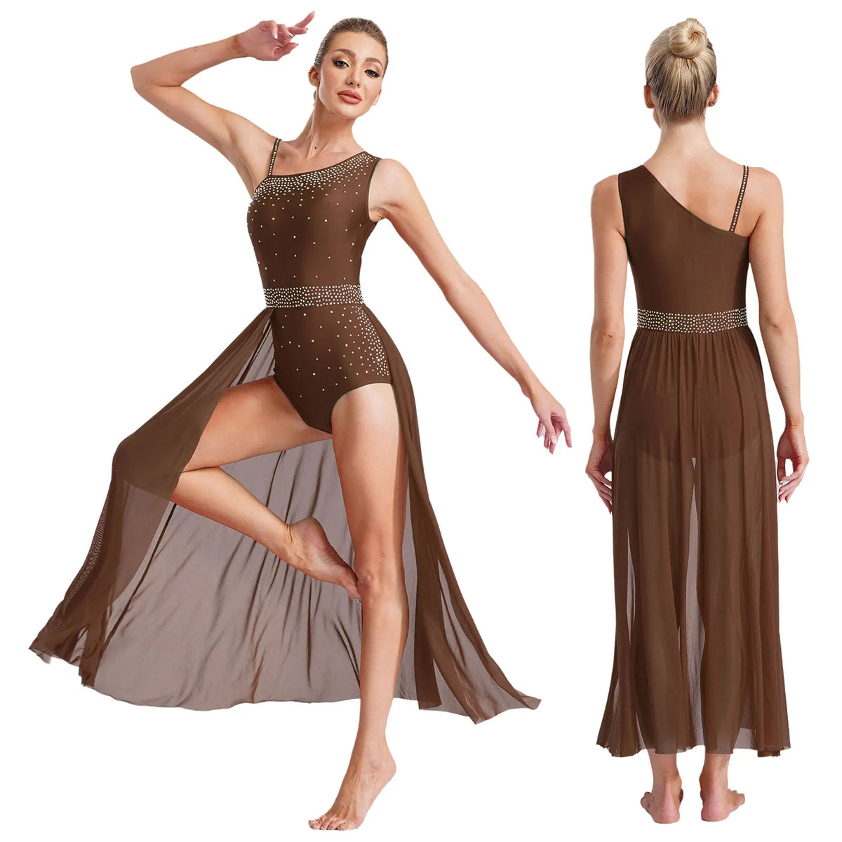 Women's Sleeveless Rhinestone Lyrical Dance Dress with Long Split Mesh Skirt