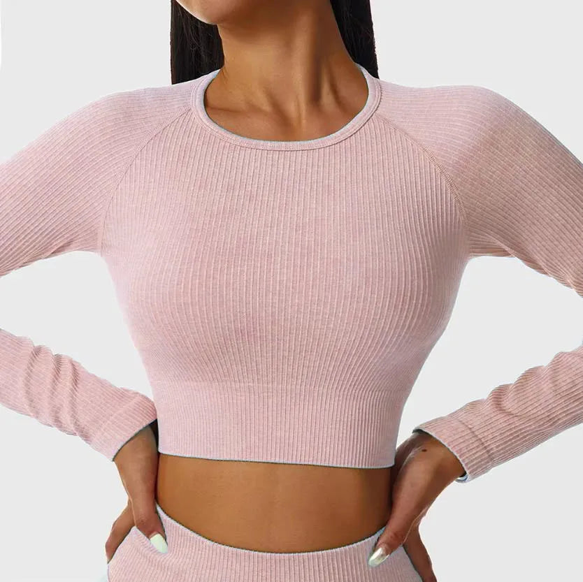 Women's Contrast-Stripe Long-Sleeve Workout Crop Top