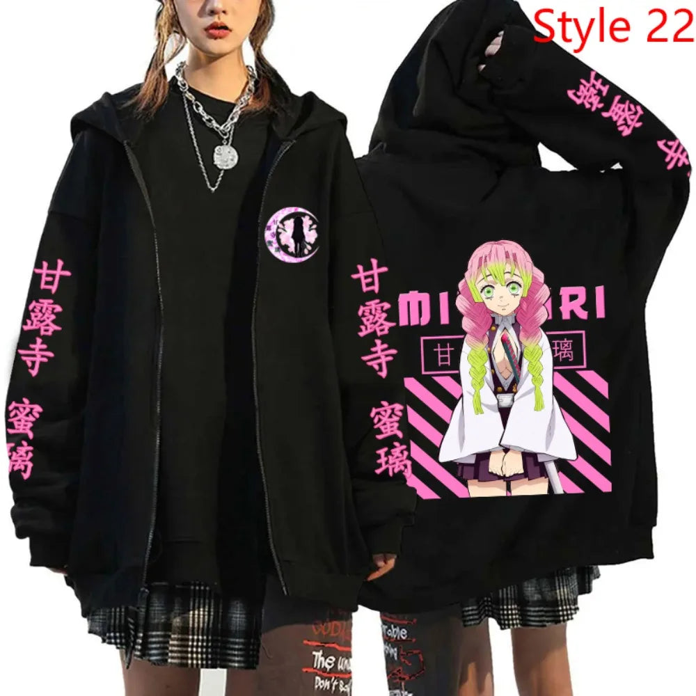 Anime Kanroji Mitsuri Print Hoodie Cartoon Zipper Pullover Long Sleeve Harajuku Sweatshirt