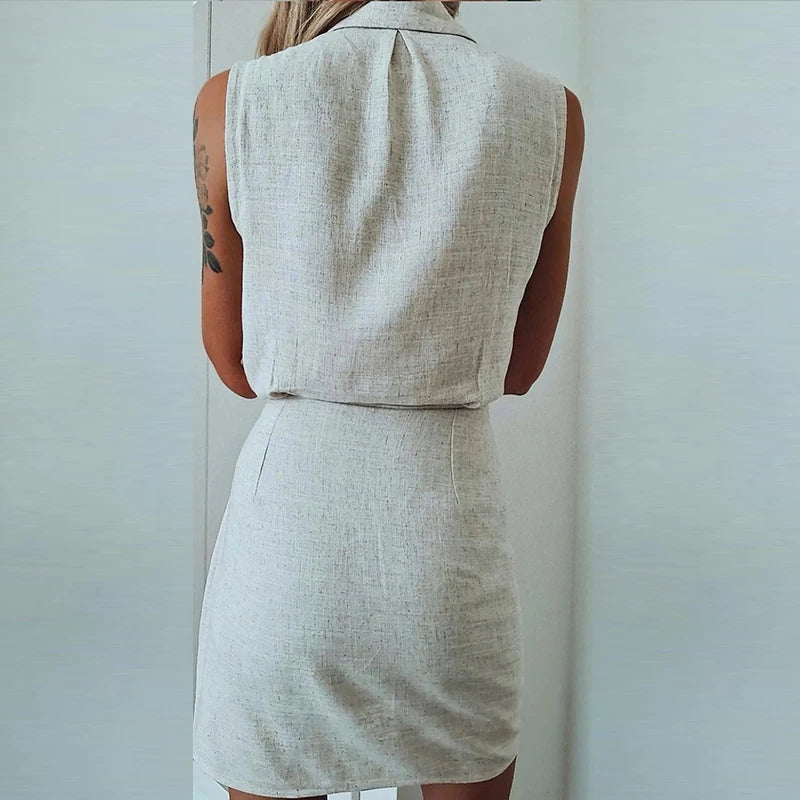 Women's Sleeveless Collared Mini Dress with Waist Tie and Asymmetrical Wrap Hem