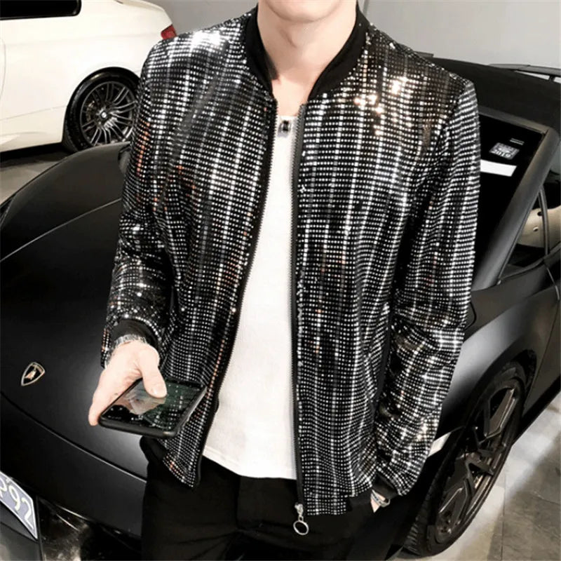 Metallic Finish Long Sleeve Front Zip Casual Bomber Jacket