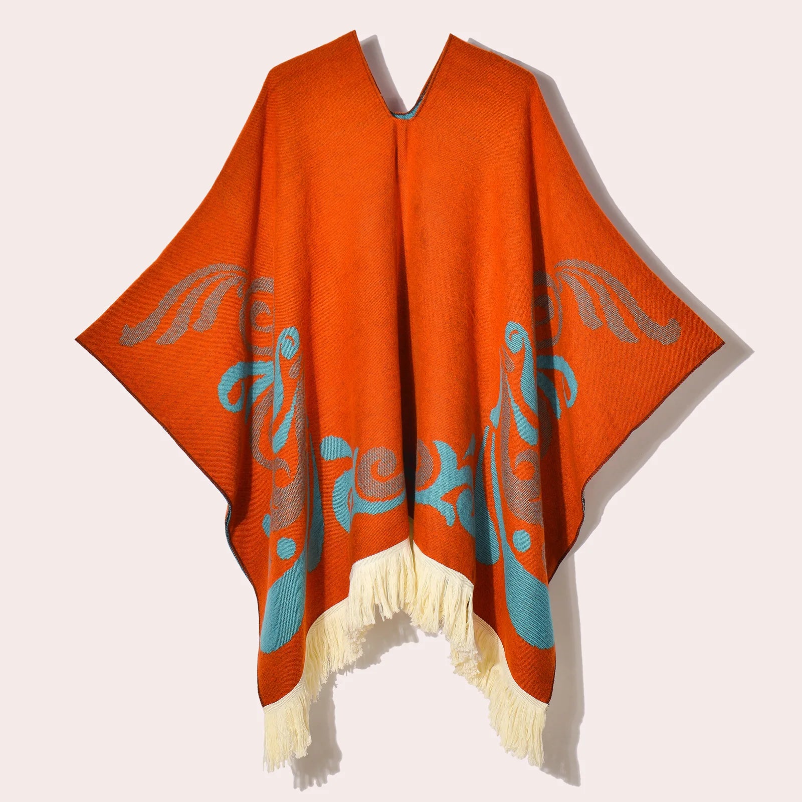 Geometric Pattern Fringe Poncho for Layering over Outfits