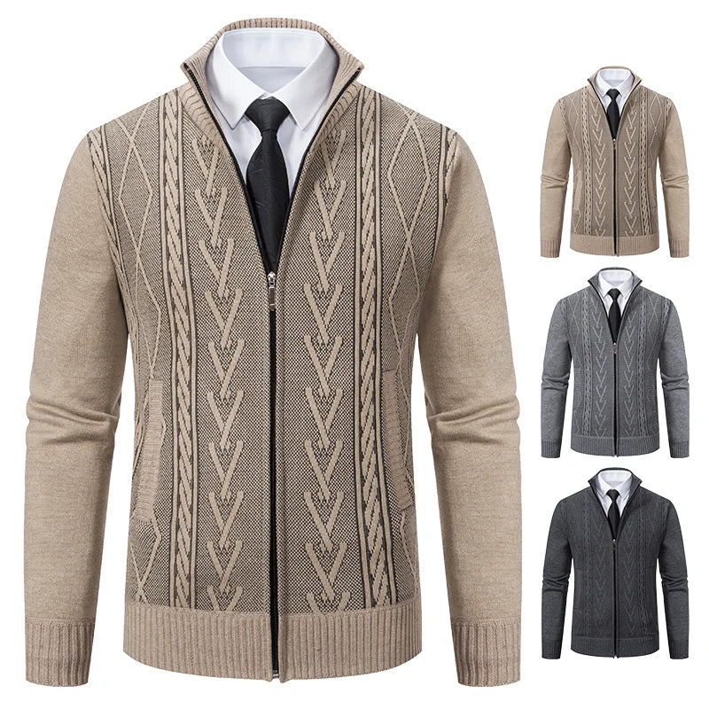 Men's Cable Pattern Zip Front Knit Cardigan