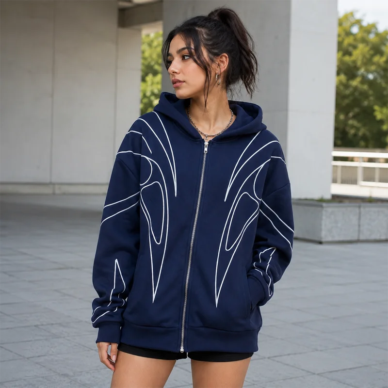 Line Graphic Long Sleeve Full Zip Casual Hoodie