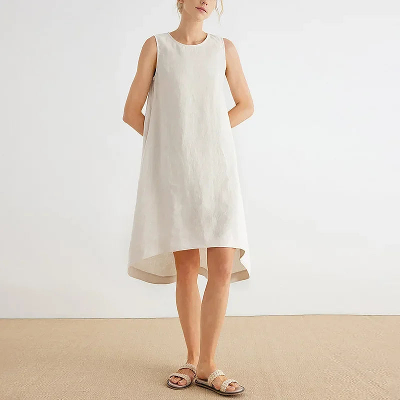 Women's Linen Sleeveless Loose A-Line Dress with Round Neck and Asymmetric Hem