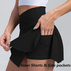 Women Pleated Tennis Skirt with Pockets Shorts Athletic Skirts Crossover High Waisted Athletic Golf Skorts Workout Sports Skirts