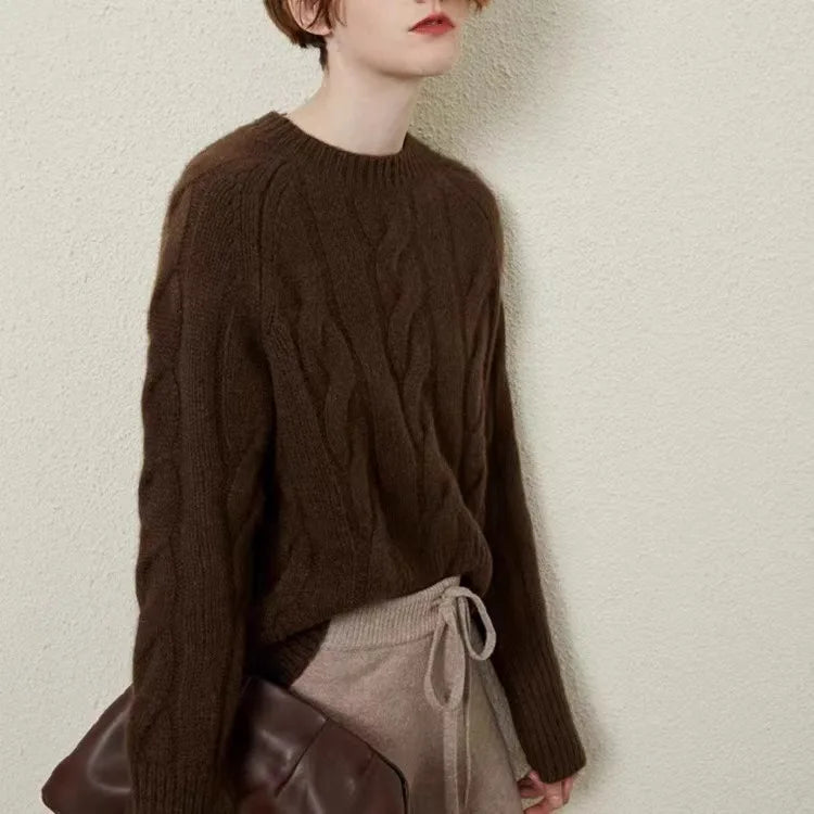 European autumn and winter cashmere sweater women's crewneck twist sweater loose cover to wear pure wool knitted bottom thick