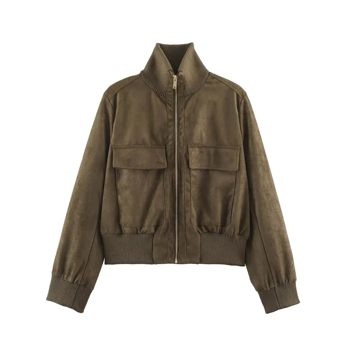 Women's Stand Collar Pocket Zip Front Jacket for Layered Outfits