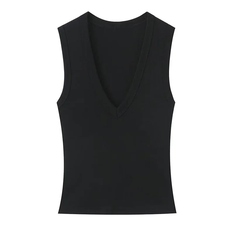 Women's Deep V Neck Polyester Tank Top with Sleeveless Fitted Cut