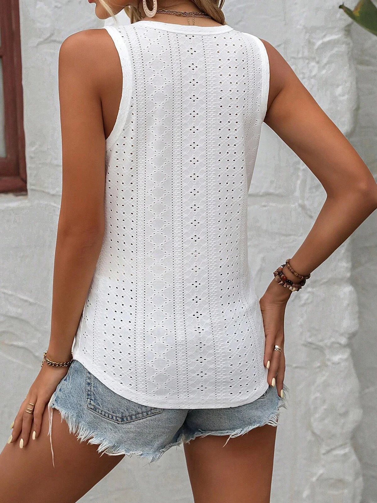Women's Eyelet Polyester Blend Tank Top with V Neck and Button Front