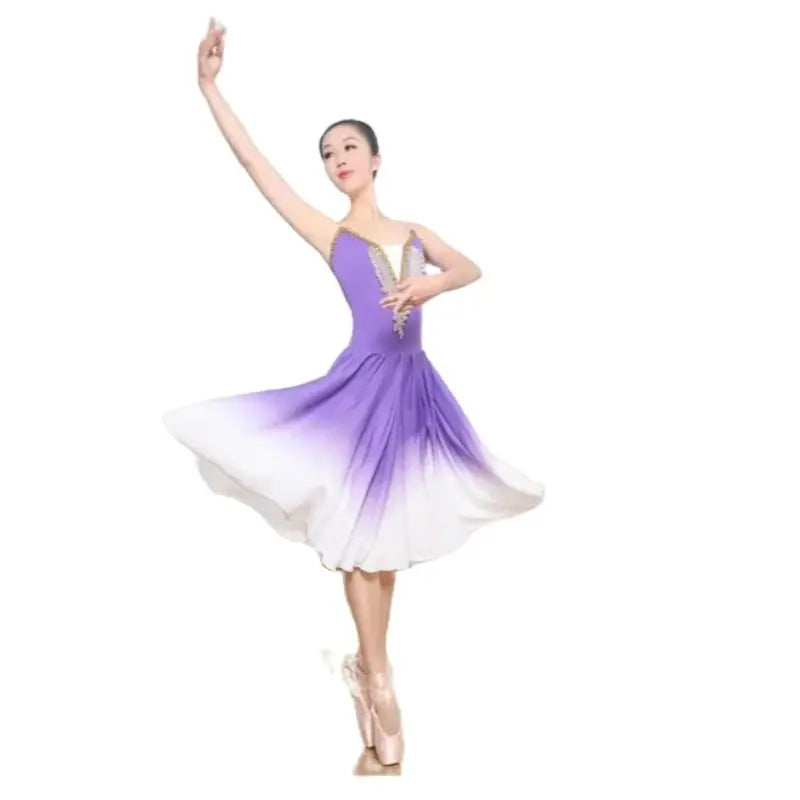 Women's Gradient Ballet Dance Dress with Flowing Skirt and Decorated Bodice