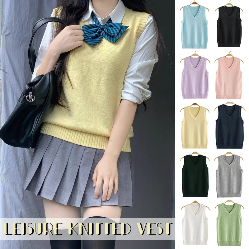 Women's Cotton-Polyester Sleeveless V-Neck Regular-Fit Knit Pullover Vest for Preppy Layered Outfits