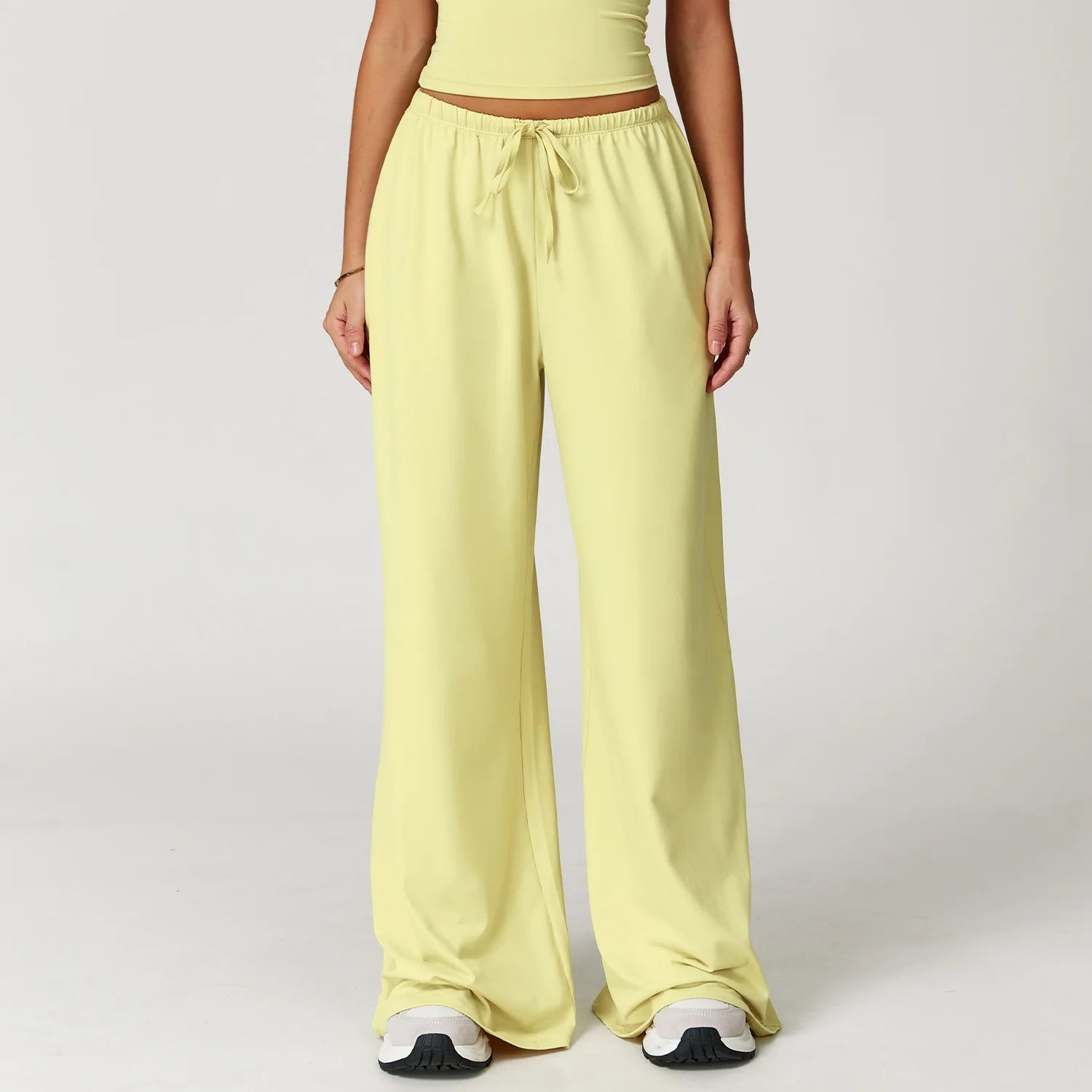 Women's Drawstring Waist Polyester Blend Wide Leg Pants with Side Pockets