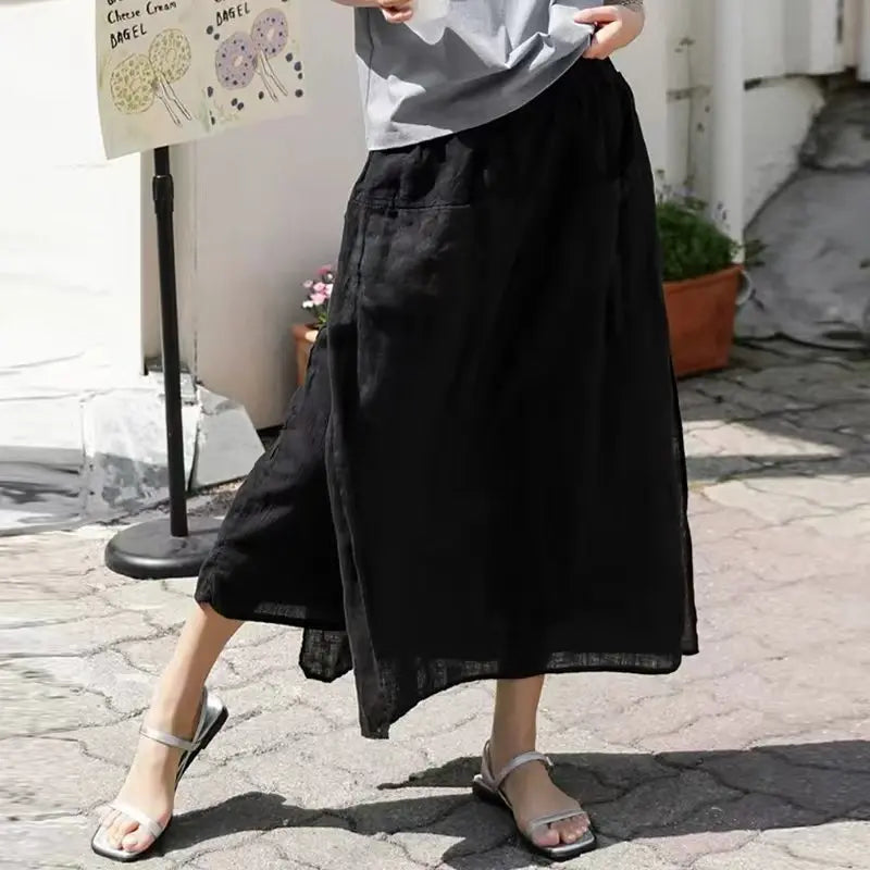 Women's Linen High-Rise Loose A-Line Midi Skirt with Pockets for Casual Outfits