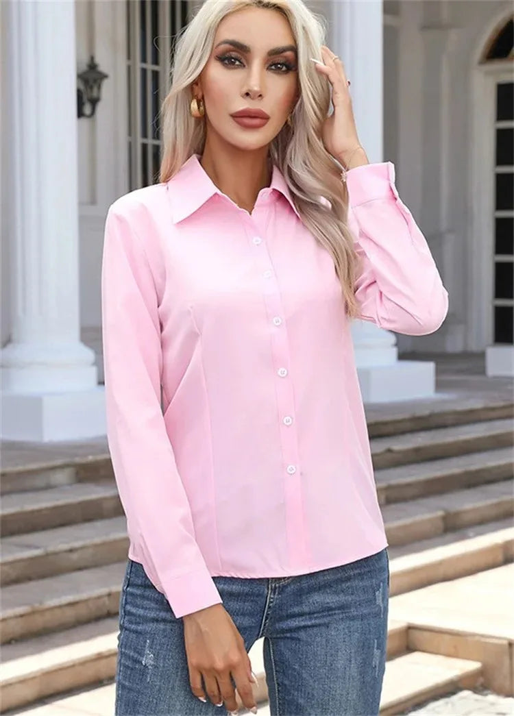 Women's Plain Collared Long Sleeve Button Front Shirt