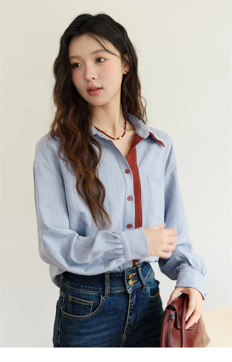 Women's Striped Shirt with Contrast Collar and Buttons