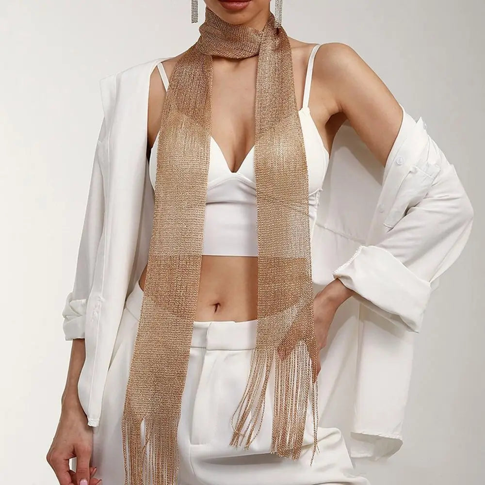 Sheer Long Narrow Scarf with Shimmer and Tassel Ends